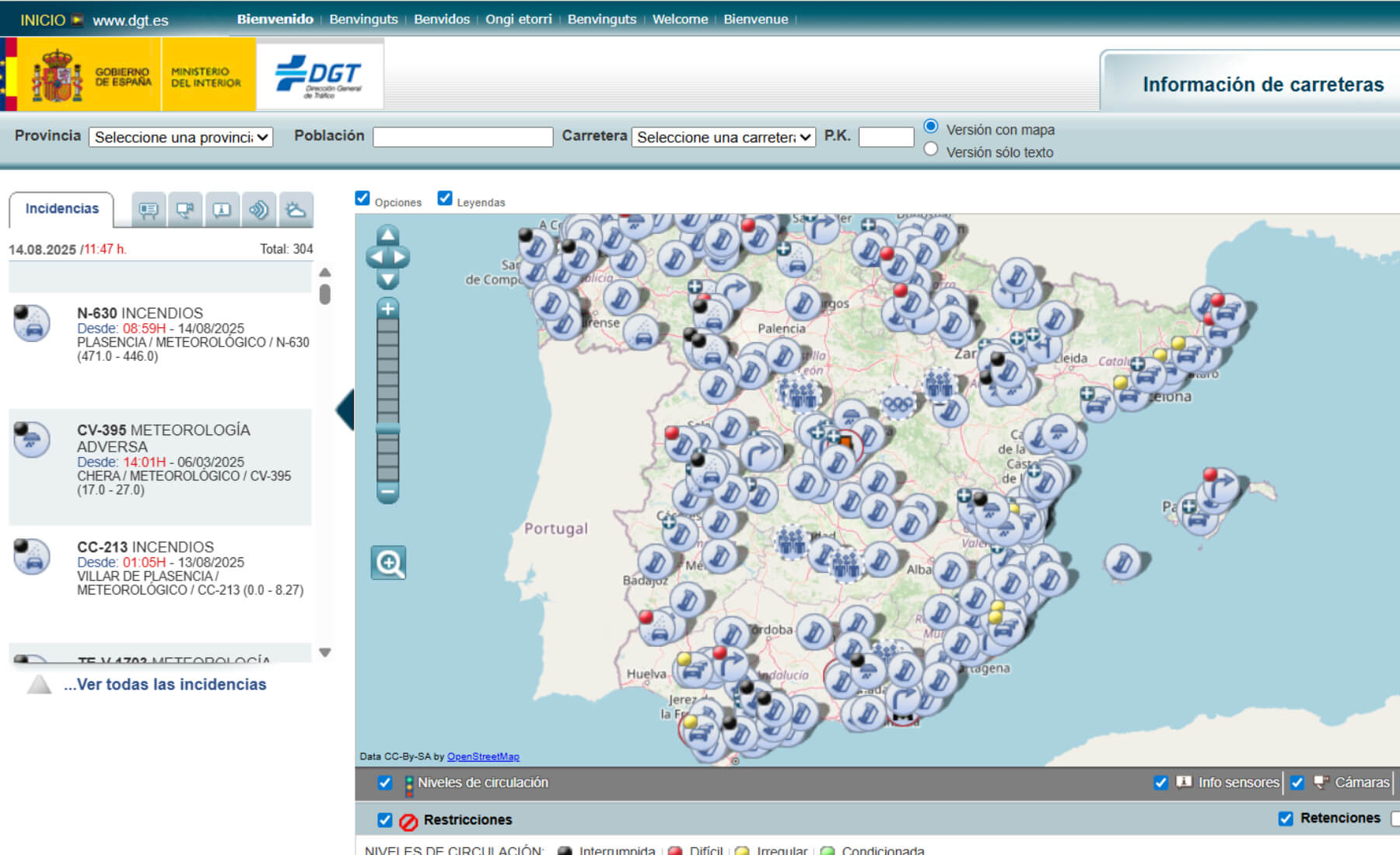 dgt infocar carreteras cortadas incendios